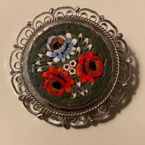 Vintage Micro Mosaic Round Flower Silver Tone Pin Brooch-Estate Jewelry